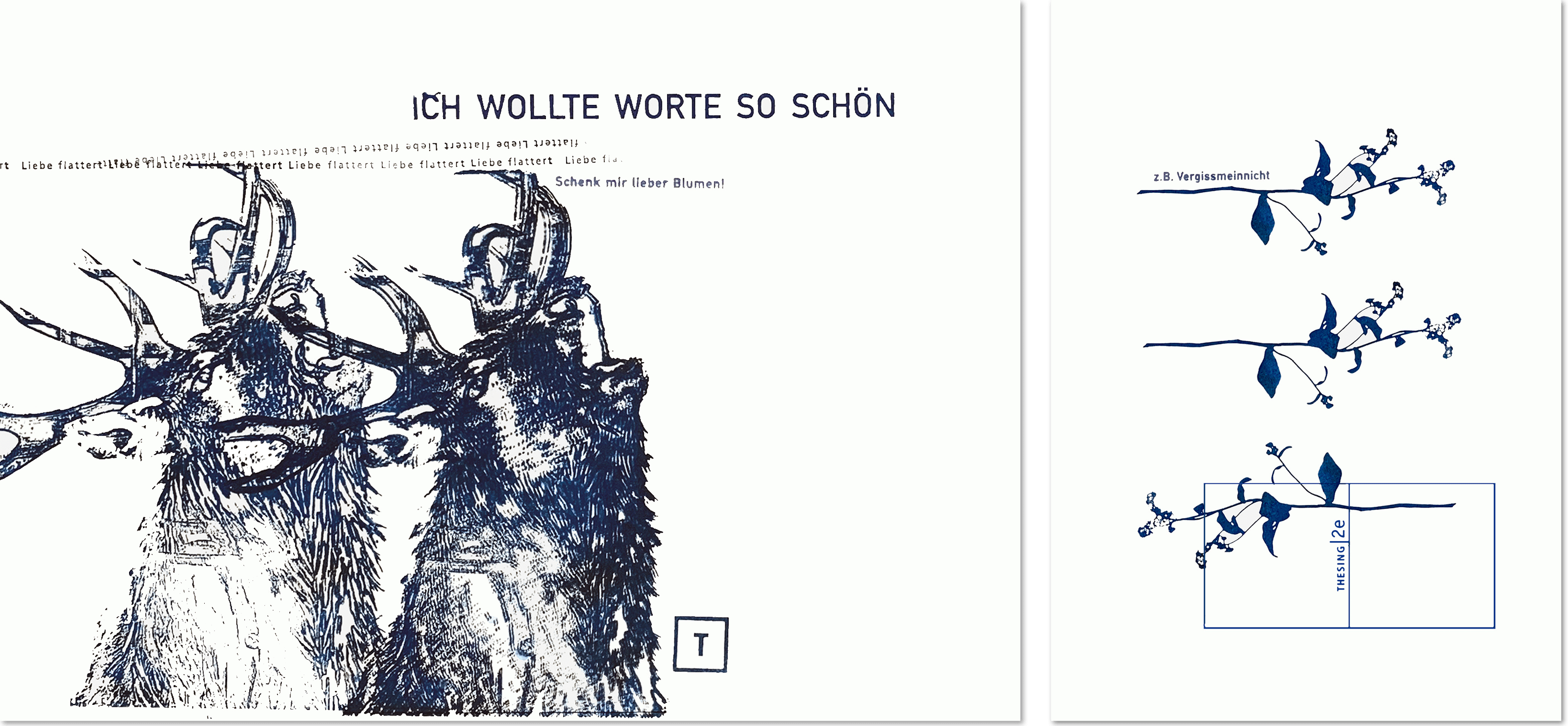 Stempelkunstbilder mit röhrendem Hirsch und Vergissmeinnicht