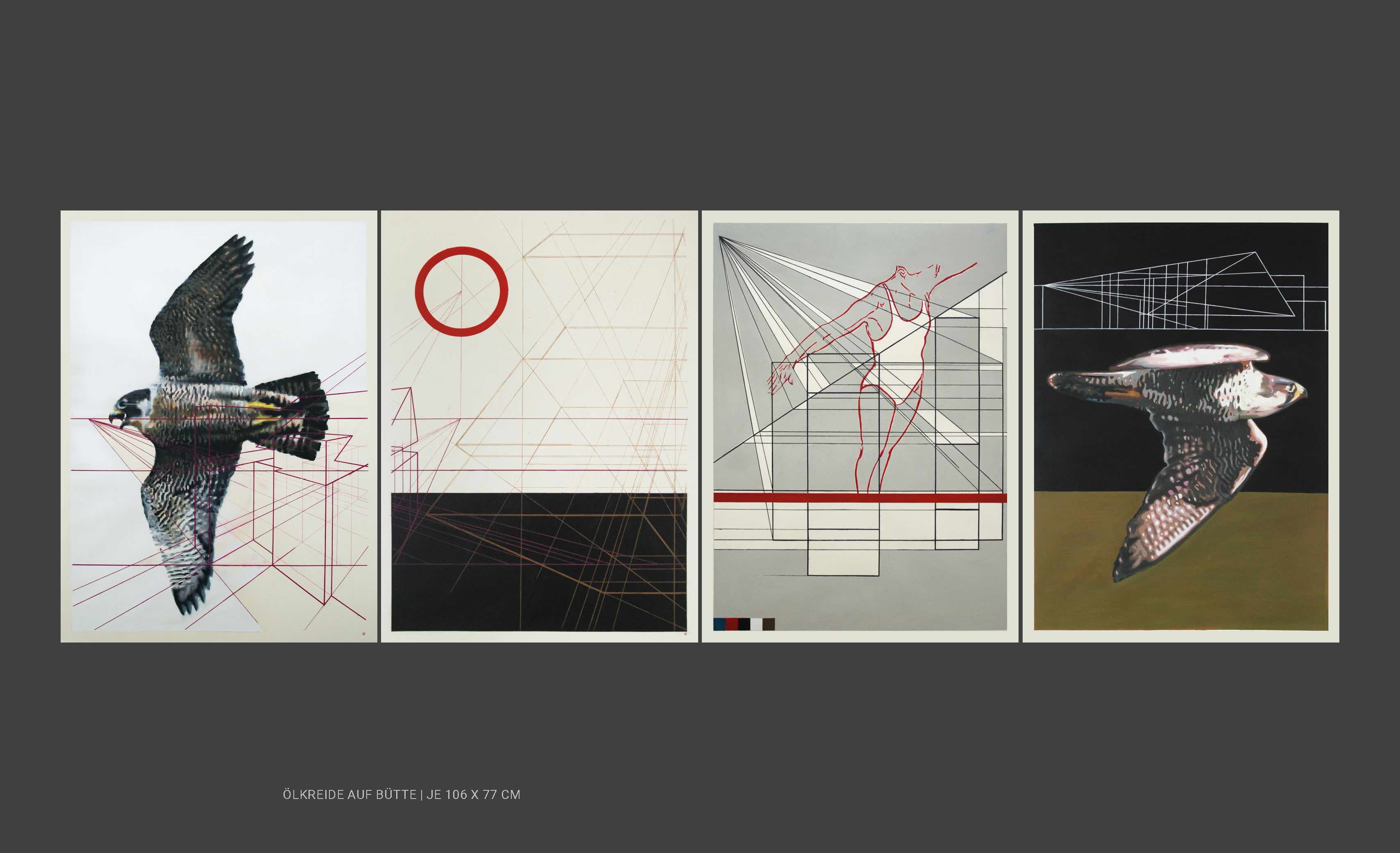 Kunst-Exponate mit Falke Architektur Turmspringerin