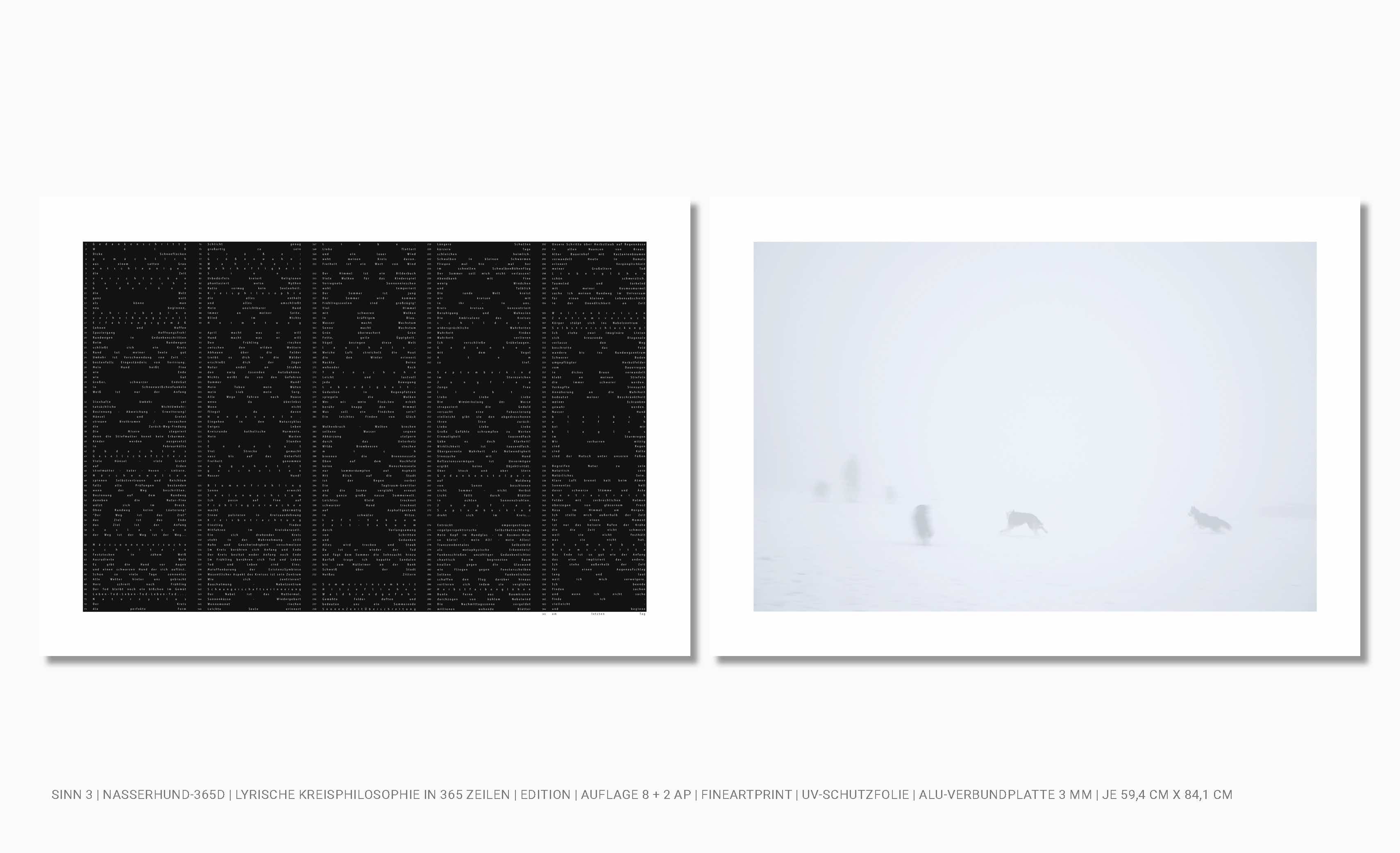 Fineartprint auf Alu-Verbundplatten Lyrik-Exponat und Fotografie von Hunden im Schnee